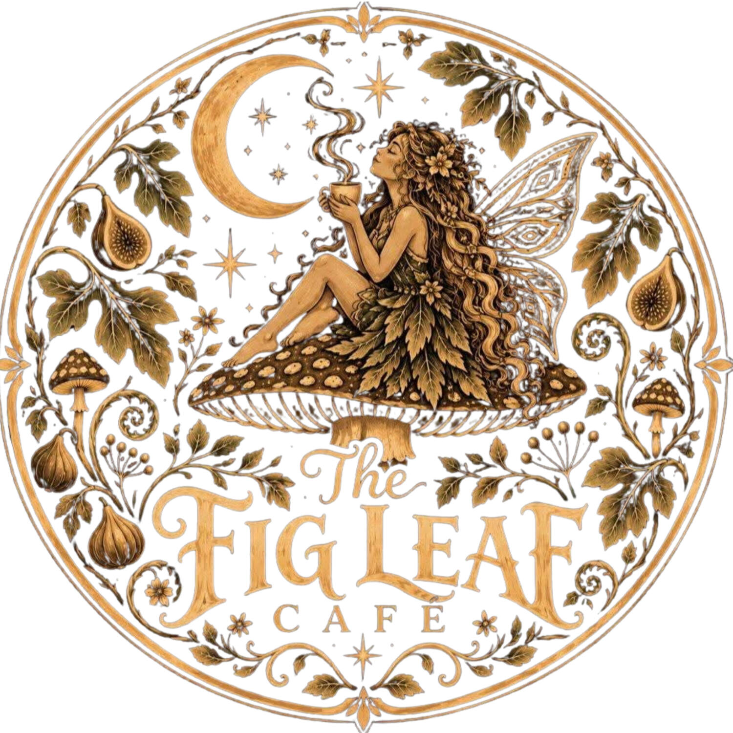 A logo that says "the fig leaf cafe" and has figs, mushrooms, leaves, and a fairy drinking a steaming cup of coffee while sitting on a mushroom